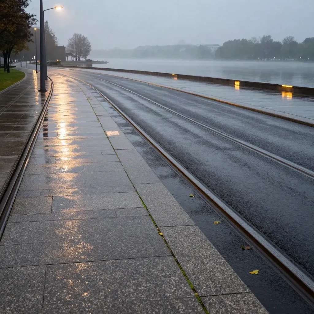 Nocny plener nad jeziorem w Poznaniu z torami tramwajowymi i zakrętem ścieżki rowerowej.